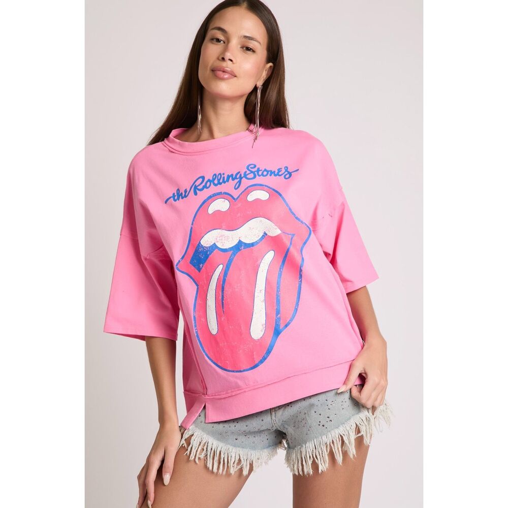 #240. Fantastic Fawn Pink Oversized Rolling Stones Half Sleeve Tunic NWT